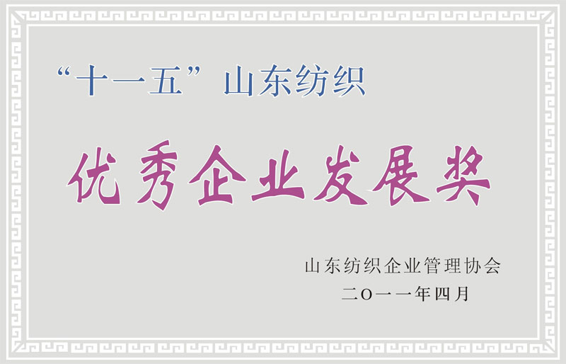 2011年   “十一五”山東紡織優(yōu)秀企業(yè)發(fā)展獎